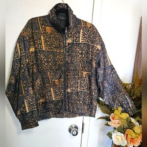 Vintage 100% Silk Black Brown Patterned Zip Up Bomber Windbreaker Jacket 80s 90s
